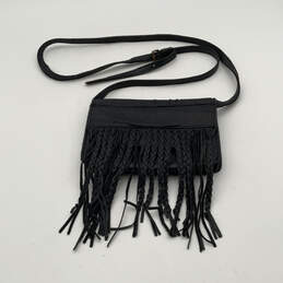 Womens Black Leather Fringe Inner Zip Pocket Adjustable Strap Crossbody Bag