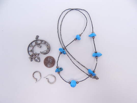 Southwestern 925 Turquoise Necklace Lizard Brooch & Hoop Earrings 21.5g image number 1