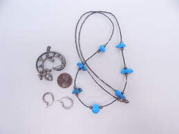Southwestern 925 Turquoise Necklace Lizard Brooch & Hoop Earrings 21.5g
