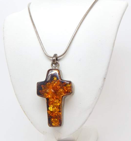 Artisan 925 Amber Cross Statement Pendant Snake Chain Necklace image number 2