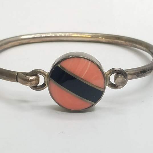 Sterling Silver Coral Onyx Inlay 7" Tension Bracelet 28.8g image number 4