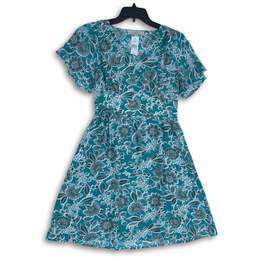 NWT Loft Womens Blue Floral V-Neck Flutter Sleeve A-Line Dress Size 2