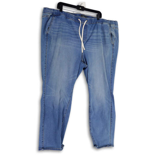 Womens Blue Denim Elastic Waist Drawstring Straight Leg Cropped Jeans Sz 4R image number 1