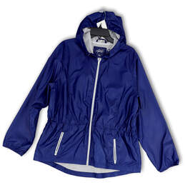 Womens Blue Long Sleeve Hooded Pockets Full-Zip Windbreaker Jacket Size XL