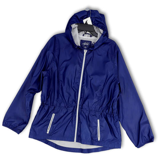 Womens Blue Long Sleeve Hooded Pockets Full-Zip Windbreaker Jacket Size XL image number 1