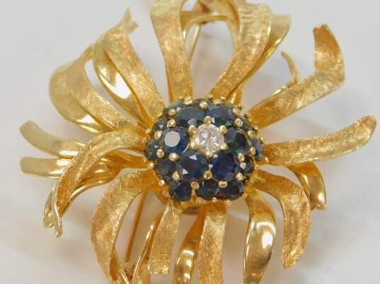 Vintage 14K Yellow Gold 0.25 CT Diamond & Sapphire Flower Brooch 24.0g image number 7