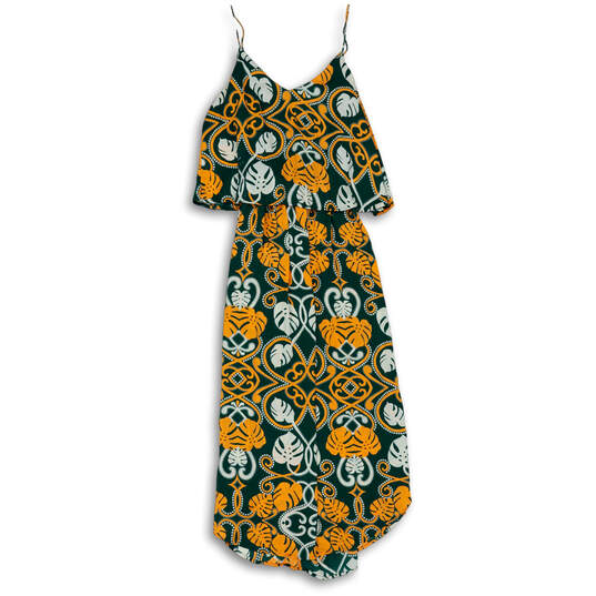 Womens Orange Green Leaf Print Spaghetti Strap High Low A-Line Dress Size 8 image number 1