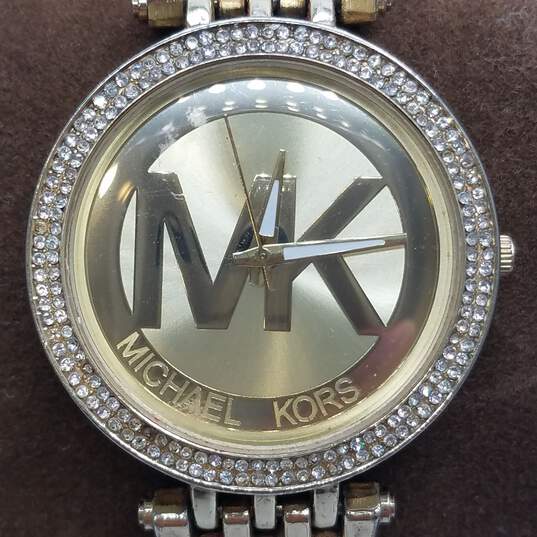 Michael Kors 39mm Gold Tone Crystal Bezel Unisex Quartz Watch In Box DAMAGED image number 1