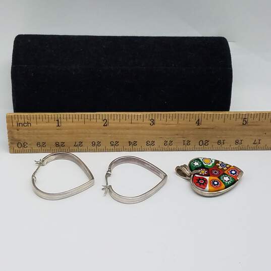 Sterling Silver Murano Glass Heart Pendant & Hoop Earrings Bundle 2pcs 16.9g image number 6