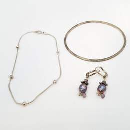 Sterling Silver F.W. Pearl Earring Bangle & 9 In Bracelet Jewelry Bundle 14.8g