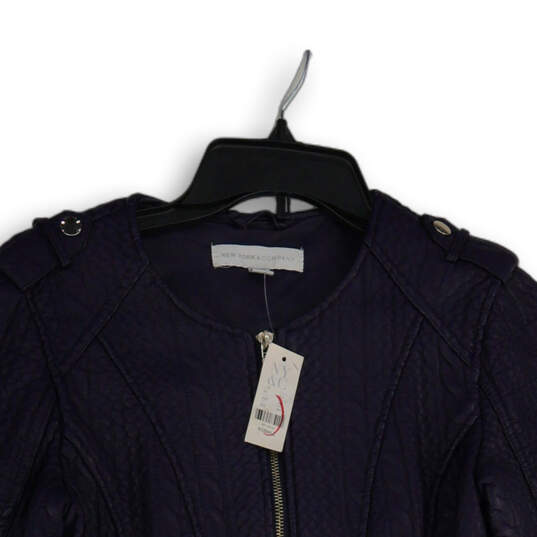 NWT Womens Navy Blue Leather Long Sleeve Full-Zip Biker Jacket Size XS image number 3