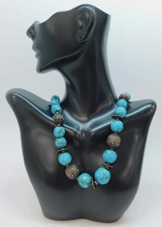 Artisan 925 Faceted Faux Turquoise & Bali Ball & Disc Graduated Beaded Statement Necklace 89.2g image number 1