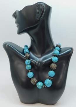 Artisan 925 Faceted Faux Turquoise & Bali Ball & Disc Graduated Beaded Statement Necklace 89.2g