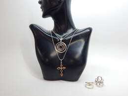 Artisan 925 Amber Cross Pendant Necklace w/ Geometric Rings & Pendant Necklace 17.5g