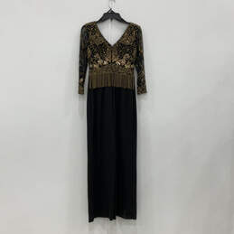 Womens Black Gold Sequin V-Neck 3/4 Sleeve Back Zip Maxi Dress Size 0