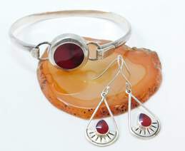 ATI Mexico 925 Faux Red Jasper Teardrop Drop Earrings & Modernist Chunky Circle Tension Bangle Bracelet 22.7g