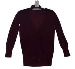 Womens Burgundy Long Sleeve V Neck Pockets Cardigan Sweater Size XXS