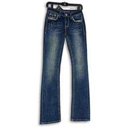 NWT Womens Blue Embroidered Denim Medium Wash Bootcut Leg Jeans Size 25