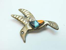 Joe Martinez 925 Coral Turquoise & Onyx Inlay Hummingbird Brooch 5.6g