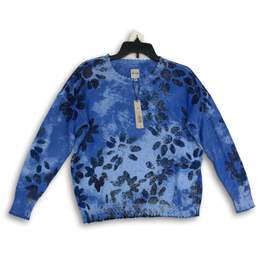 NWT Nic+Zoe Womens Blue Floral Horizon Petal Long Sleeve Pullover Sweater Size M