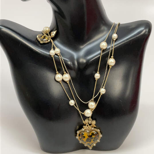 Designer Betsey Johnson Gold-Tone Rhinestone Triple Strand Pendant Necklace image number 2