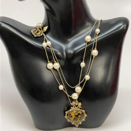 Designer Betsey Johnson Gold-Tone Rhinestone Triple Strand Pendant Necklace alternative image