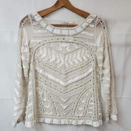 Kimchi Mesh White Beaded Sequin LS Wide Neck Top Women's Small