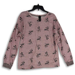 Womens Pink Printed Round Neck Long Sleeve Pullover Sweater Size Large