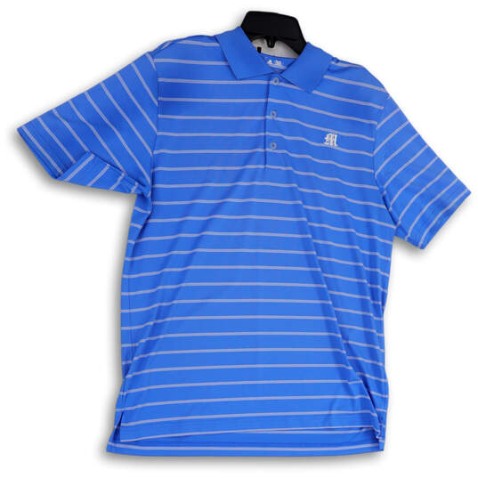 Mens Blue White Golf Puremotion Striped Collar Short Sleeve Polo Shirt Sz M image number 1