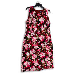 Womens Pink Floral Sleeveless Round Neck Back Zip Sheath Dress Size 16T