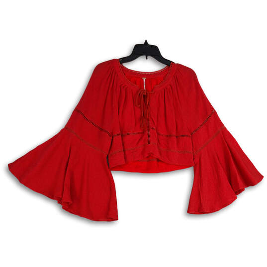Womens Red Eyelet Tie Neck Bell Sleeve Cropped Blouse Top Size S/P image number 1