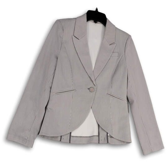 Womens White Gray Striped Long Sleeve Peak Lapel Single Breasted Blazer M image number 1