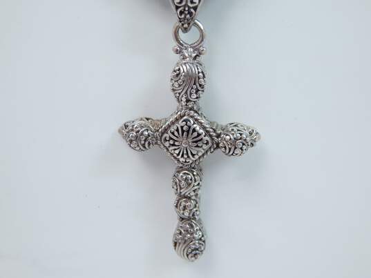 Sarda 925 Scrolled Granulated Cross Pendant Black Glass Beaded Necklace image number 3