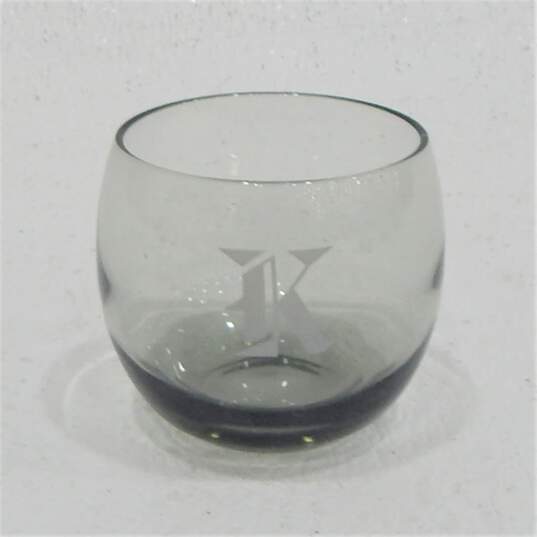 Vintage MCM Smoky Gray Glass Etched K Monogram Roly Poly Bar Glasses Set of 5 image number 2
