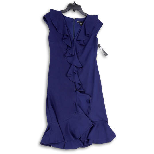 NWT Womens Blue Ruffled V-Neck Sleeveless Back Zip Sheath Dress Size 10P image number 3