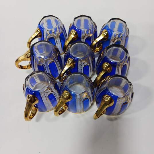 Bohemian Cobalt Cut To Clear Glass Punch Bowl And 9 Cups (Gold And Blue) image number 4