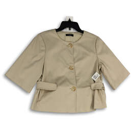 NWT Womens Tan Round Neck 3/4 Sleeve Button Front Crop Jacket Size Medium