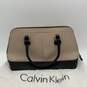 Calvin Klein Womens Beige Black Leather Top Handle Zipper Handbag with Dust Bag image number 2