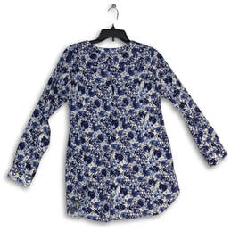 Womens Blue White Floral Wrinklefighter Button Front Tunic Blouse Top Sz S alternative image