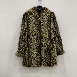 Womens Brown Animal Print Faux Fur Long Sleeve Hooded Winter Overcoat