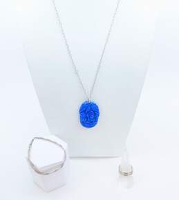 Artisan 925 Lapis Lazuli Carved Flower & Leaves Pendant Necklace Braided Herringbone Chain Bracelet & Wide Band Ring 27.4g