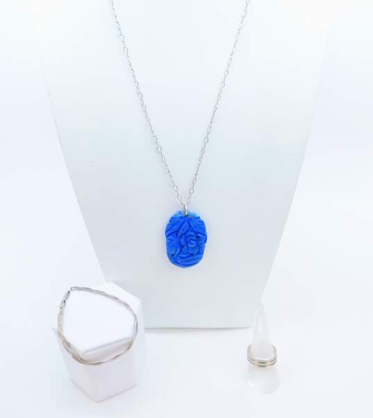 Artisan 925 Lapis Lazuli Carved Flower & Leaves Pendant Necklace Braided Herringbone Chain Bracelet & Wide Band Ring 27.4g image number 1