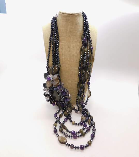 Artisan 925 Labradorite Amethyst Coin Pearls Agate Angelite & Onyx Floral Cluster Pendant Multi Strand Statement Necklace 433.7g image number 3