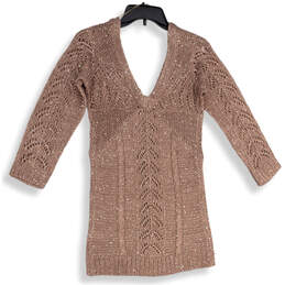 NWT Womens Mauve Sequin V-Neck 3/4 Sleeve Short Length Sweater Dress Size M alternative image