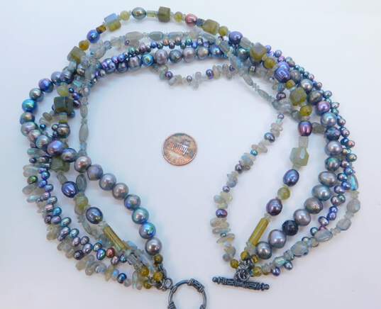 Artisan 925 Dark Pearls & Labradorite Beaded Multi Strand Bali Style Toggle Statement Necklace 121.5g image number 4