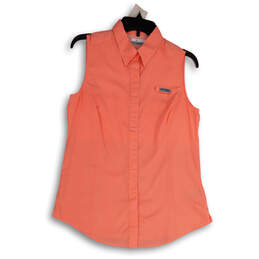 Womens Orange Pointed Collar Sleeveless Comfort Vented Button-Up Shirt Sz M