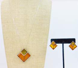 925 Amber Modernist Pendant Necklace & Earrings