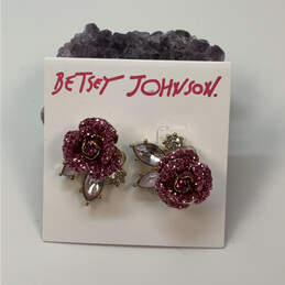 Designer Betsey Johnson Gold-Tone Pink Rose Flower Glitter Stud Earrings