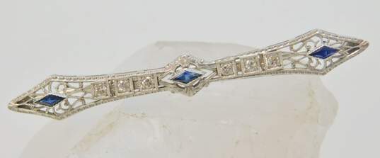 Antique Art Deco 14K White Gold 0.06 CTTW Diamond & Sapphire Bar Brooch 4.4g image number 1