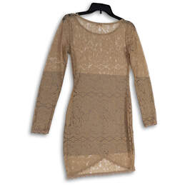 Womens Beige Floral Lace Long Sleeve Round Neck Pullover Bodycon Dress Sz S alternative image